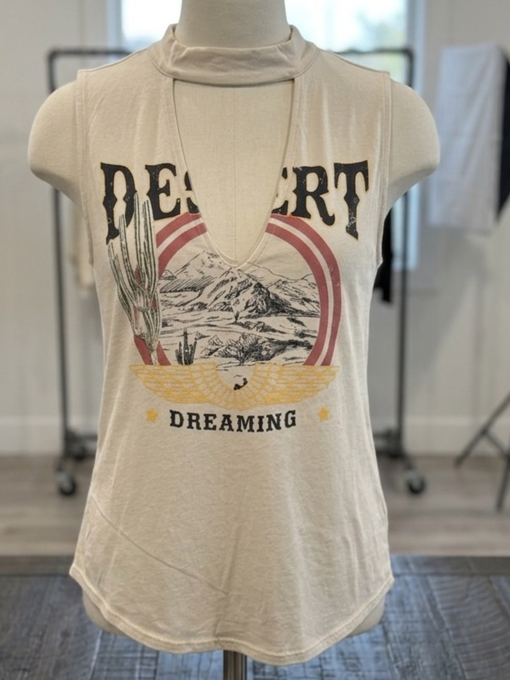 Express One Eleven Sleeveless Cream Desert Graphic Top Cut Out Neck Festival S